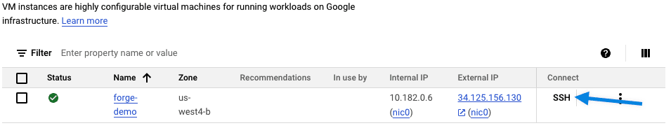 Screenshot showing access to SSH in GCP Screenshot showing access to SSH in GCP