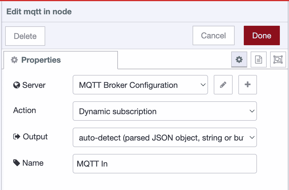 MQTT-in node configured for dynamic subscription mode with empty topic field